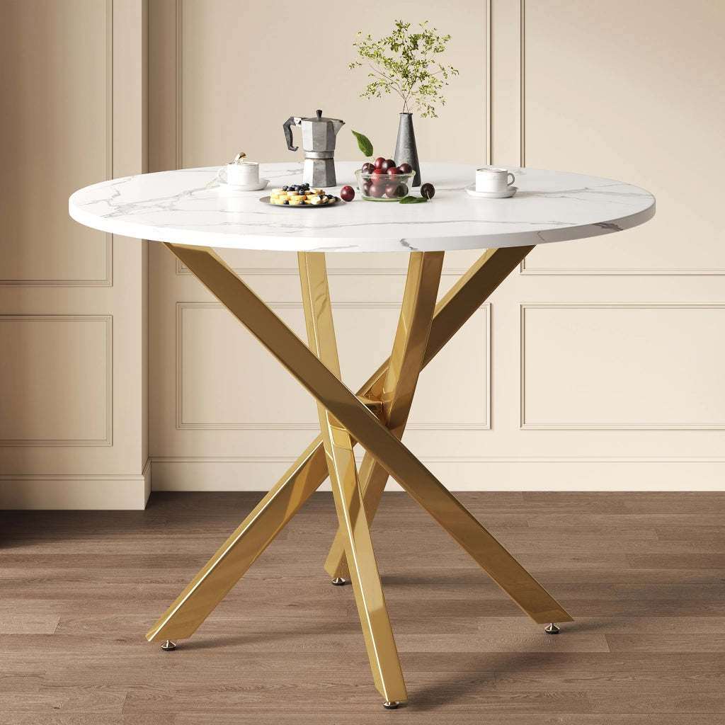 Tavolo da pranzo rotondo con piano effetto marmo e gambe incrociate dorate, per cucina e soggiorno, in MDF, oro bianco