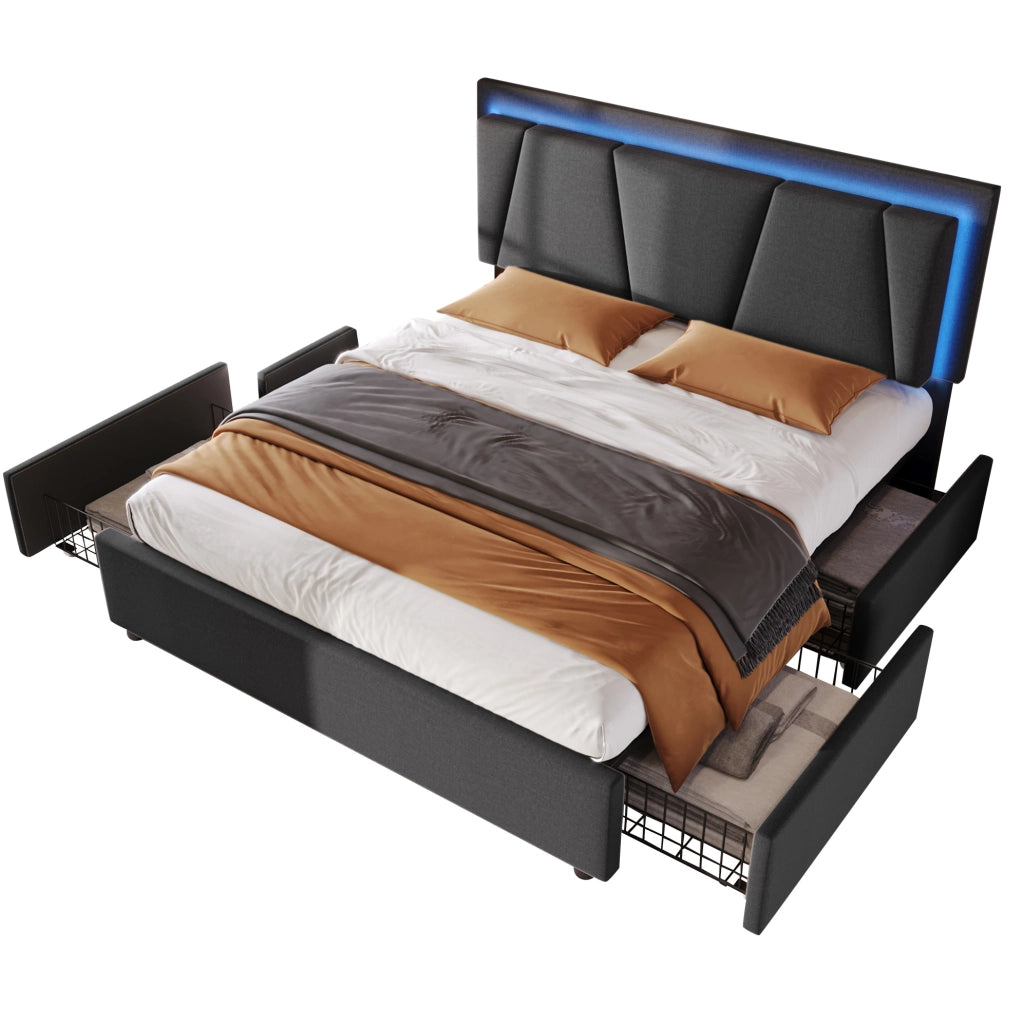 Letto imbottito 140x200 cm grigio con LED, 4 cassetti e materasso H3