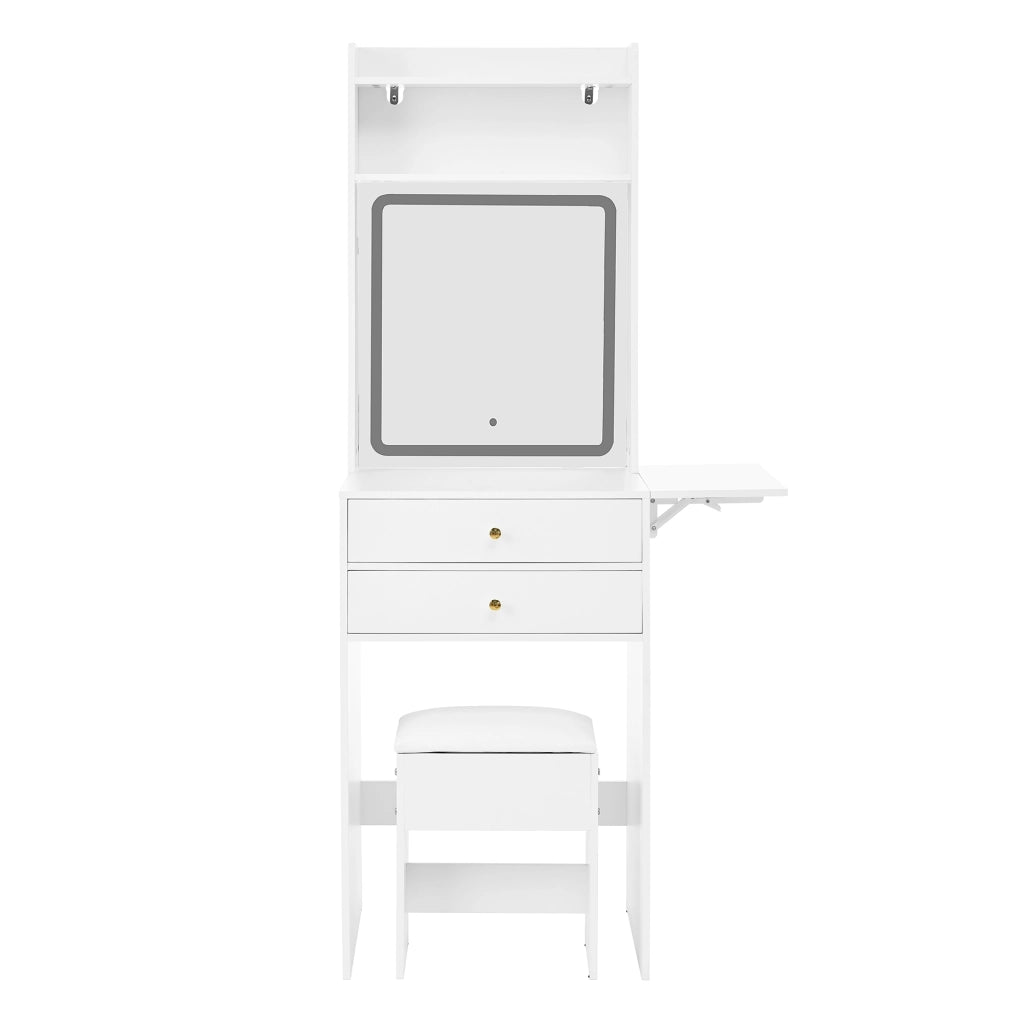 Tavolo da trucco pieghevole con illuminazione LED a 3 tonalit¨¤, 2 cassetti, 2 vani aperti, specchio e sgabello, bianco