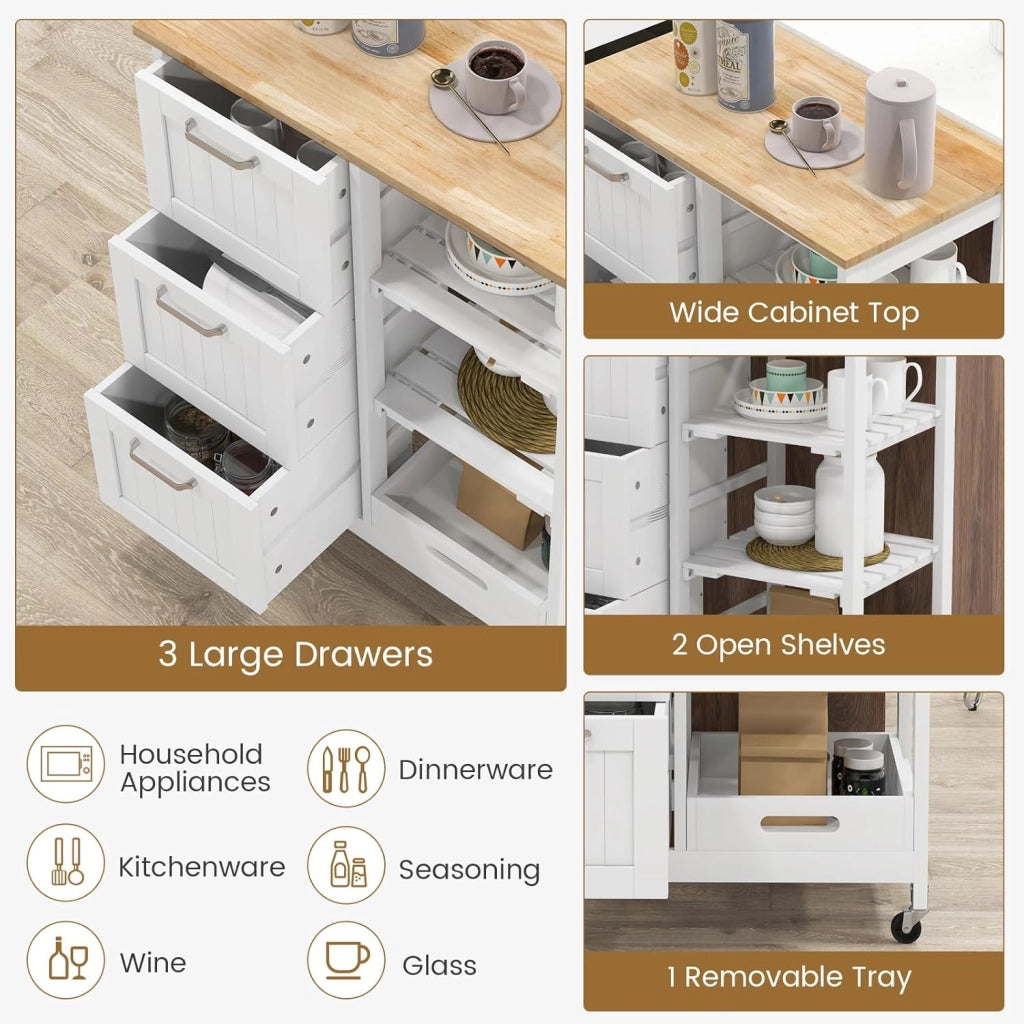 Carrello di Servizio con 4 Ripiani, Scaffale da Cucina con Rotelle, Mobiletto Cucina Salvaspazio con 3 Grandi Cassetti, 67x37x83,5 cm, 2 Colori (bianco)
