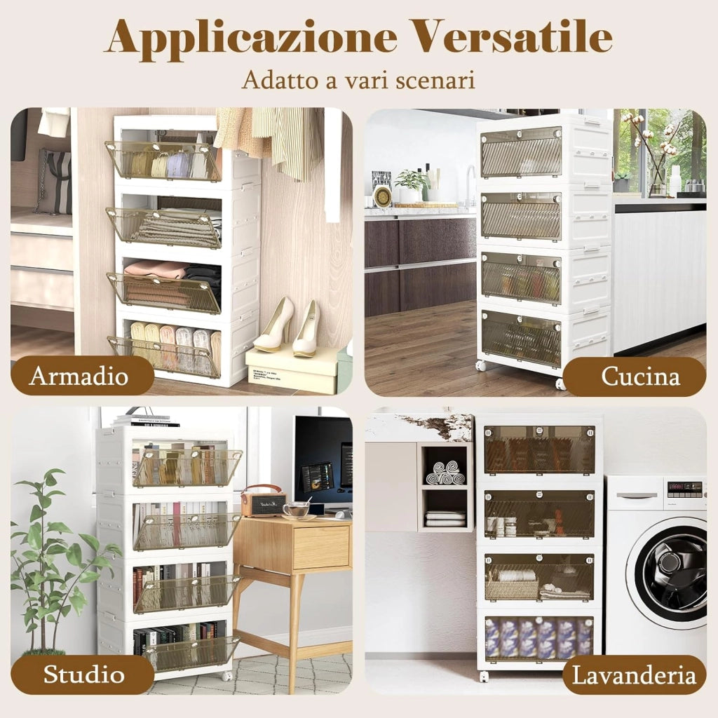 Comodino in Plastica Multipiano con Coperchio 168 L, Scatole Impilabili con 4 Ruote e Freni, Contenitori di Stoccaggio Pieghevole, per Soggiorno, Camera da Letto e Bagno, Bianco (4 Ripiani)