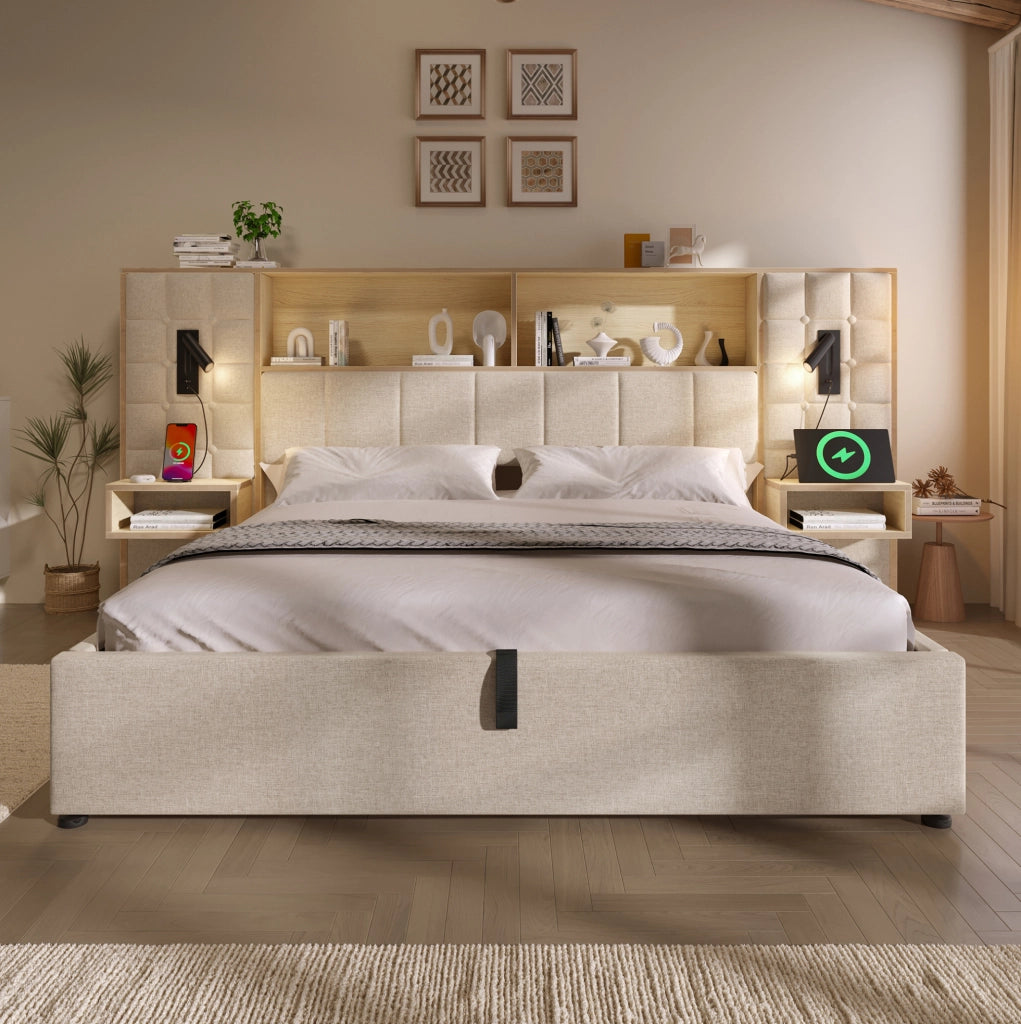 Letto matrimoniale 160x200 cm con contenitore; in tessuto effetto lino beige; luci lettura e ricarica USB-C