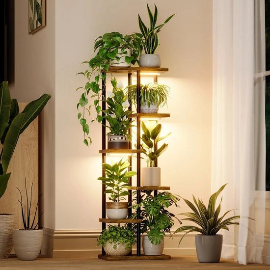 Appoggio per piante 6 strati con luce di crescita - Supporto per piante metallico - Supporto per fiori in legno - Decorazione per terrazza - LED a spettro completo - Progetto compattato 15,7 cm