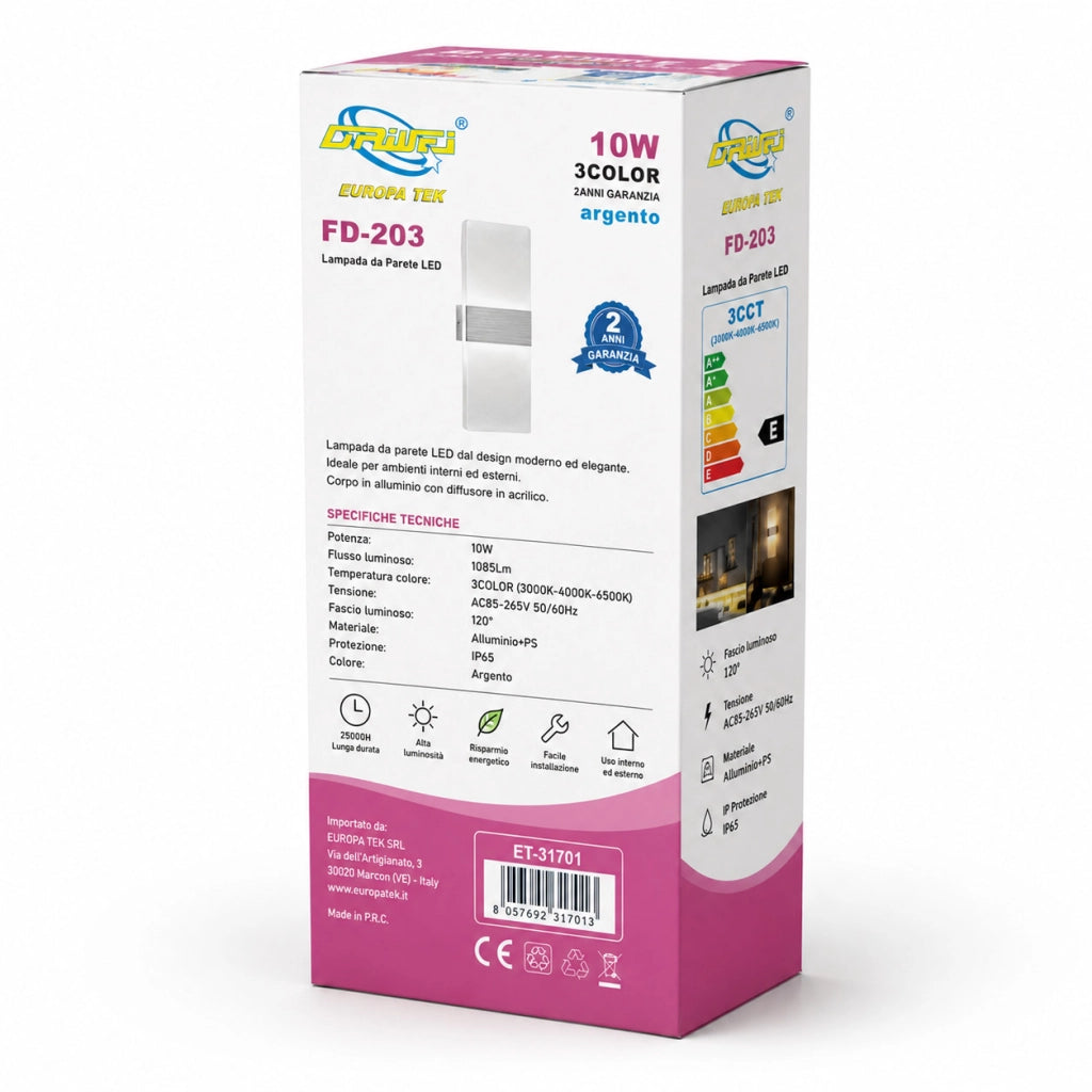 APPLIQUE LED 10W ESTERNO LAMPADA PARETE ARGENTO IP65 3000K 4000K 6000K ET-31701