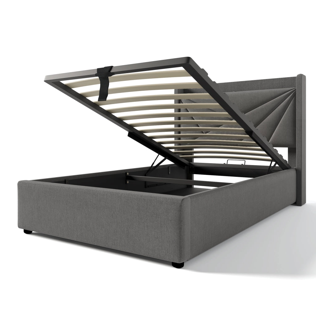 OKWISH Letto Contenitore 90×200 cm, Letto Singolo con Porte USB, Tipo C e Testiera, senza Materasso, in Cotone Lino Grigio