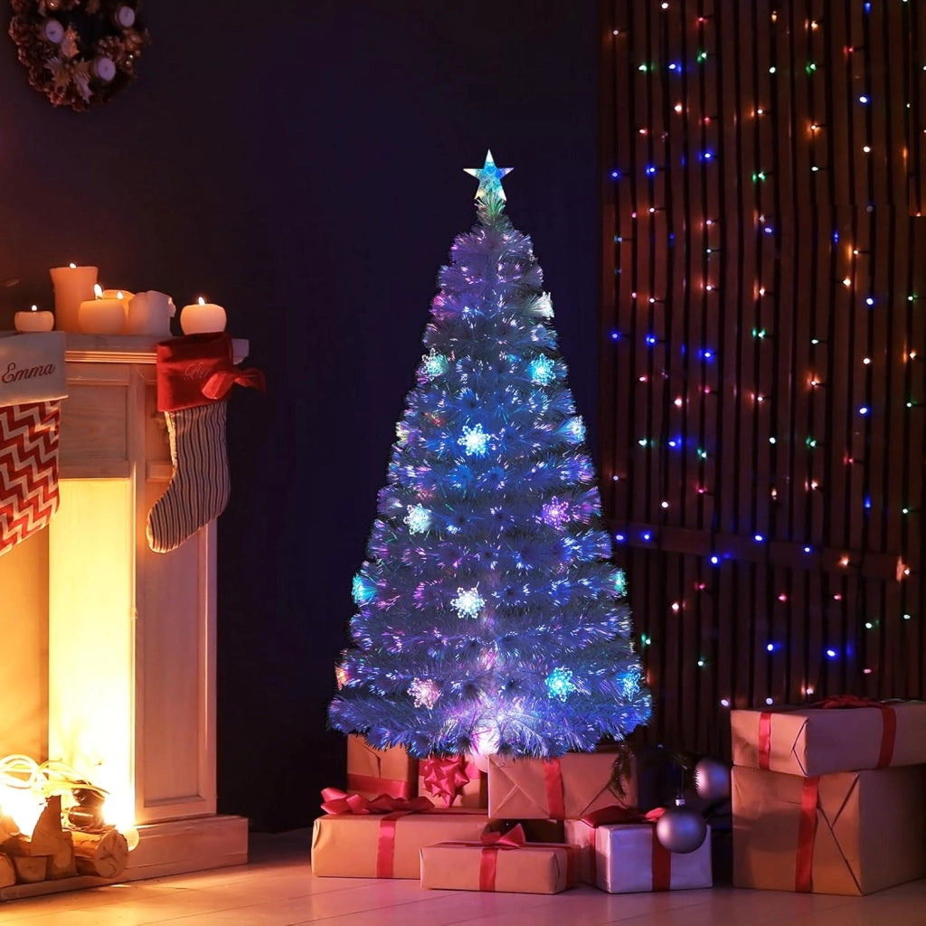 Albero di Natale Pre-illuminato in Fibra Ottica 120/150/180/210 cm, Albero di Natale Bianco con Foglie Iridescenti, Luci a LED a Fiocco di Neve Multicolore, Luce Superiore a Stella (150 CM)