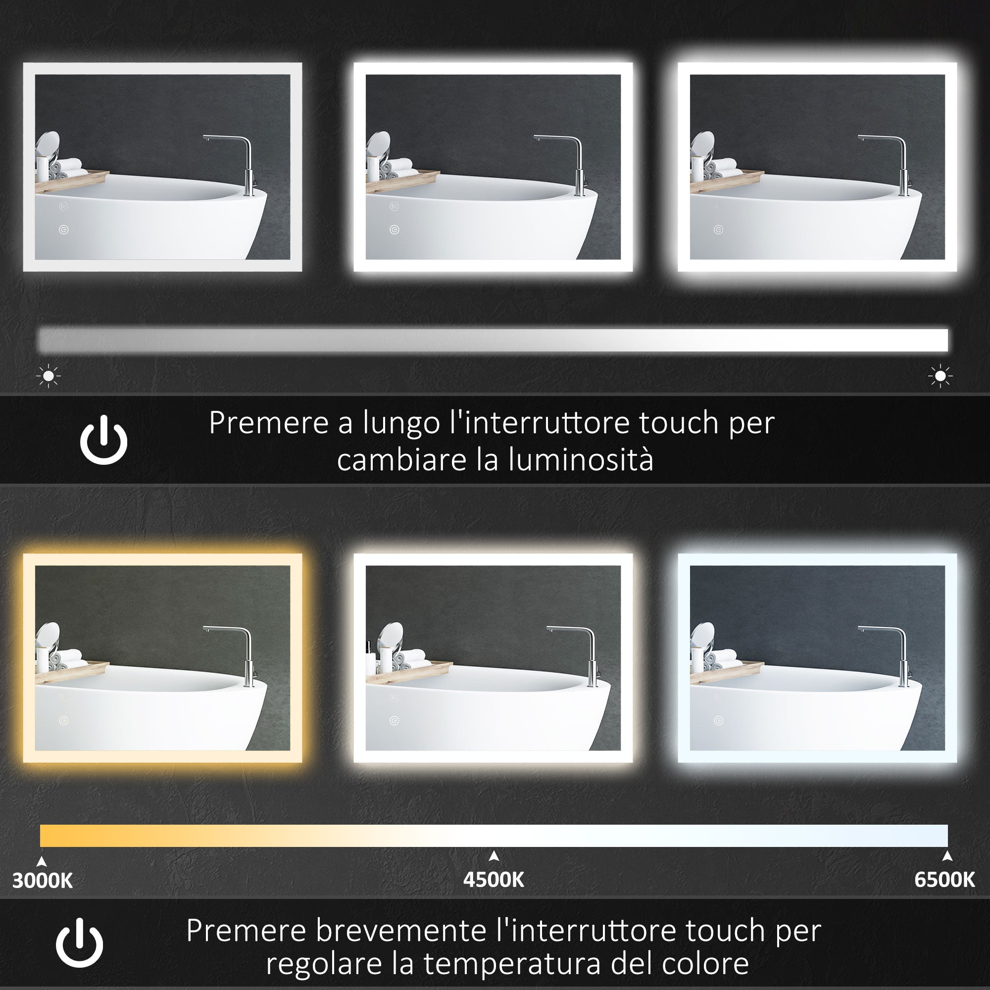Specchio Bagno con Luci LED  3 Tonalità 70x50 cm Controllo Touch e Design Antiappannamento