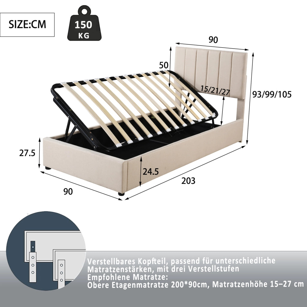 Letto imbottito con contenitore idraulico e struttura robusta 90x200 cm
