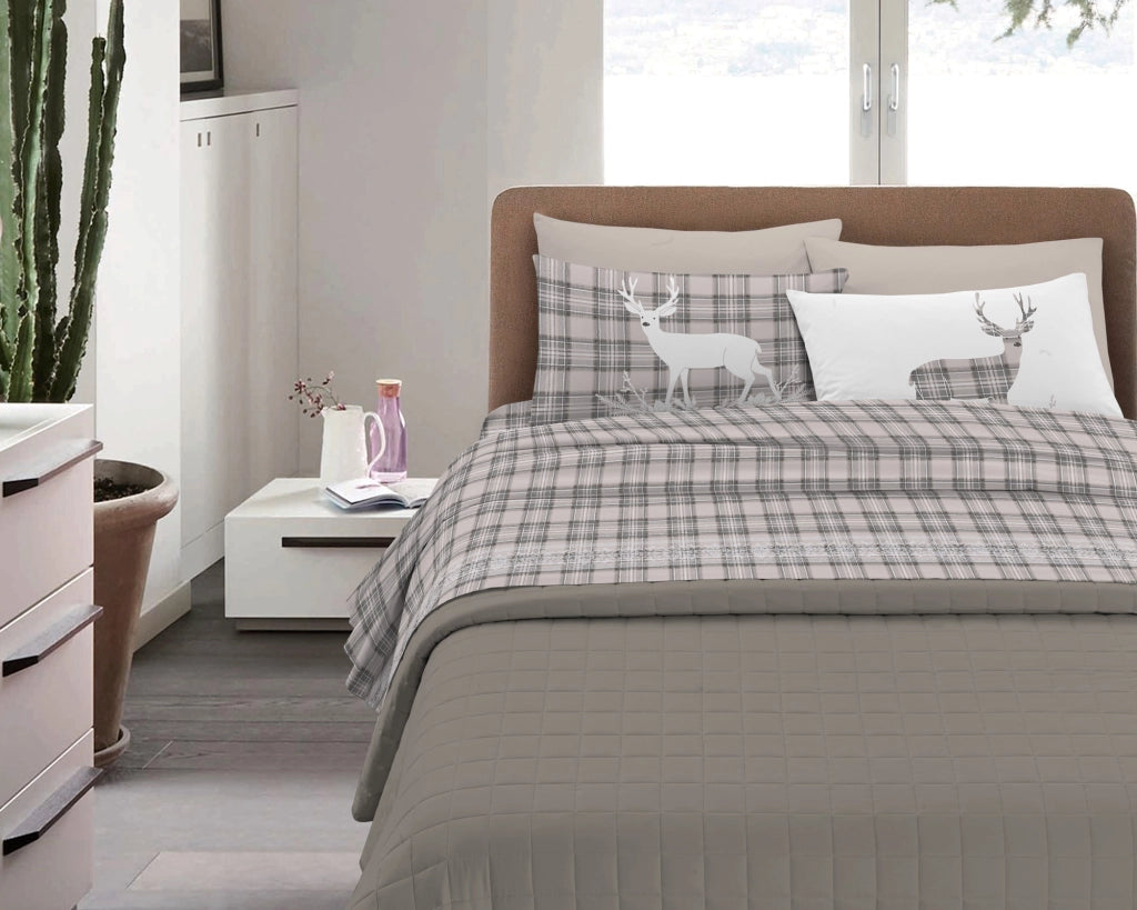 Completo Letto in Flanella Calda e Morbida Anti Pilling - Set Flanellato 3 Misure parure con Federe - Tartan beige - 1 Piazza