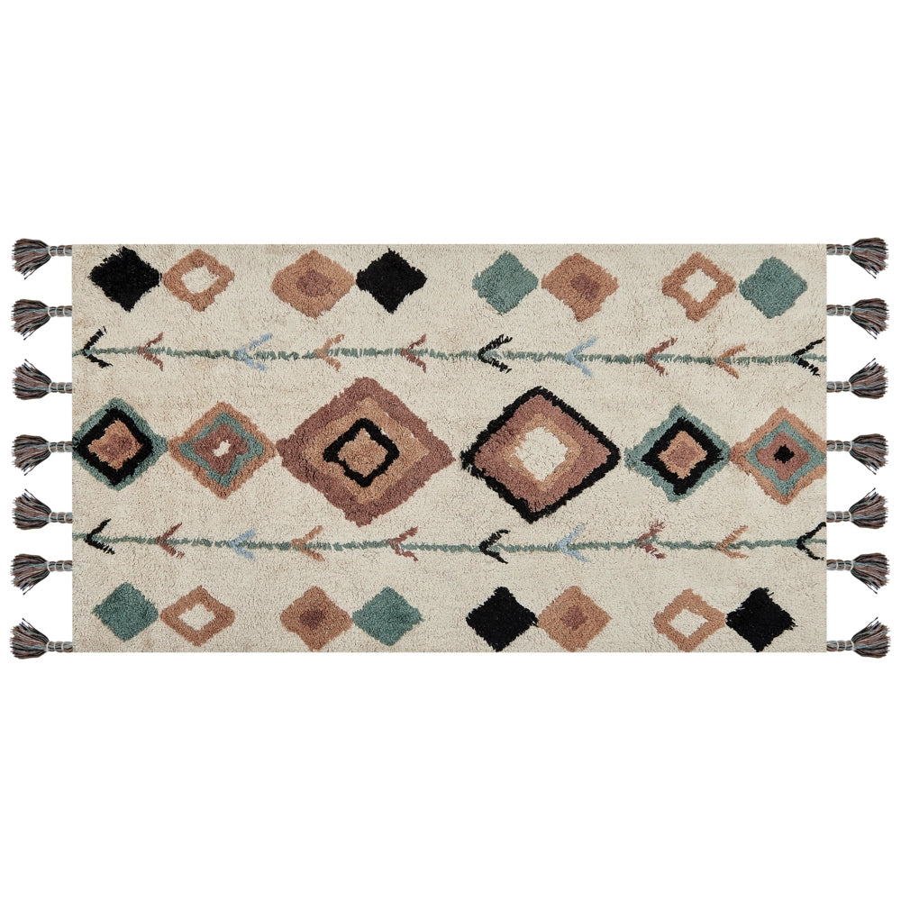 Tappeto rettangolare in cotone con nappe e motivo a diamante multicolore 80 x 150 cm soggiorno camera da letto