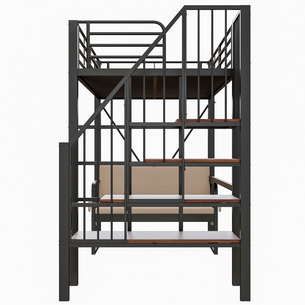 LETTO A CASTELLO 90x200 cm in metallo e MDF nero con divano imbottito rimovibile