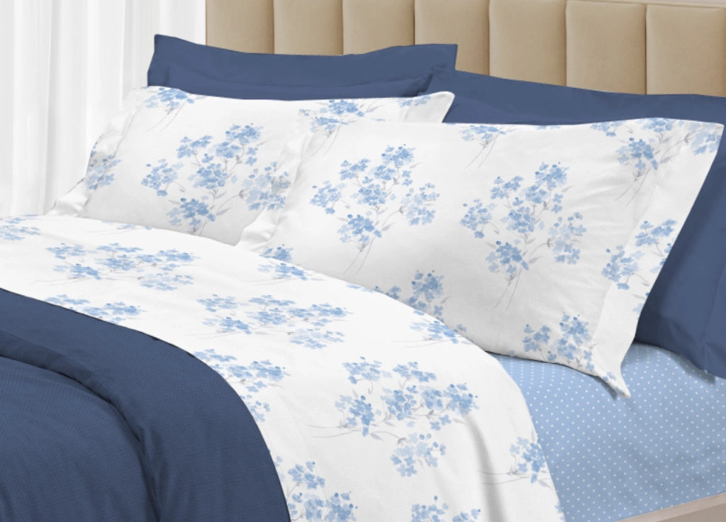 Completo Lenzuola Letto 100% Cotone Made Italy 3027 Disegno Primavera - Piazza E Mezza - Azzurro