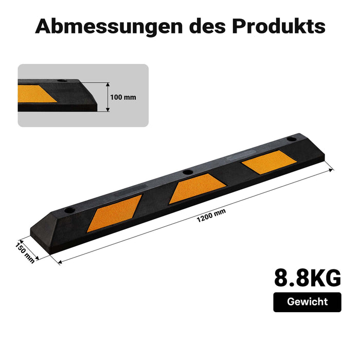 Delimitatore di parcheggio, 2 battiruota in gomma 1200x150x100mm con fasce rifrangenti, Fermaruota