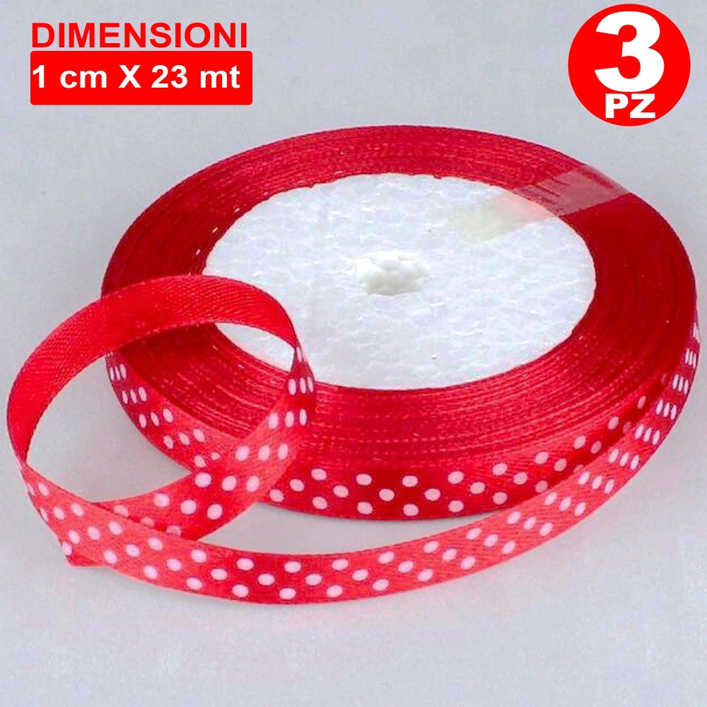 Trade Shop - 3 Rotoli Nastro Rosso Pois Bomboniera Organza Raso Bobina Decorazioni Decoupage -