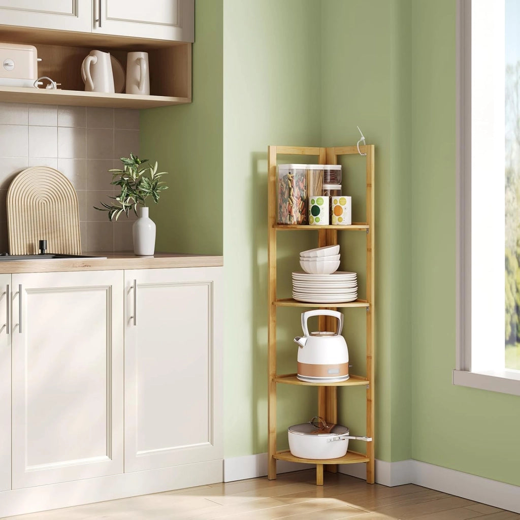 Mobiletto Bagno in Bambù a 4 Livelli, Scaffale Angolare Pieghevole, per Bagno, Cucina, Soggiorno, Bambù Naturale, 27x27x120 cm