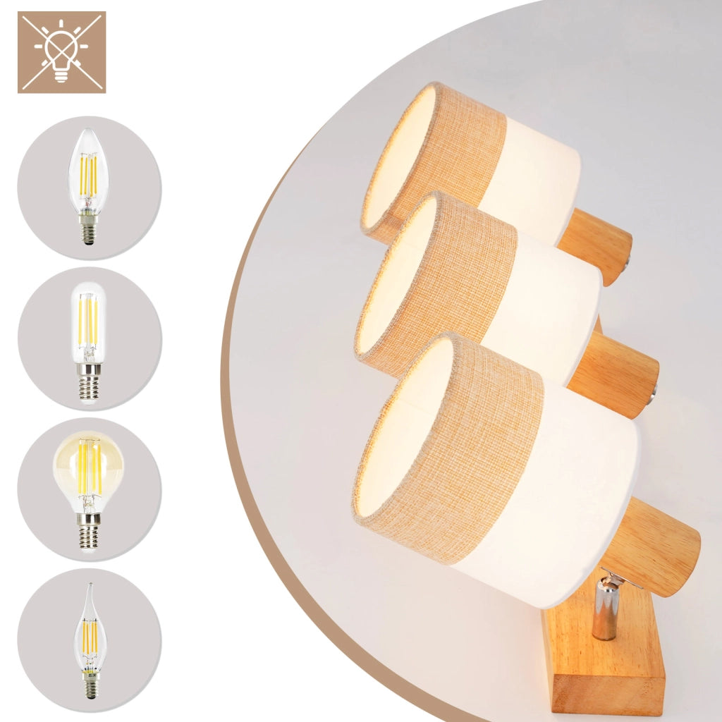 ZMH Faretto da soffitto vintage 3 luci E14 legno tessuto orientabili 350° max 25W senza lampadina
