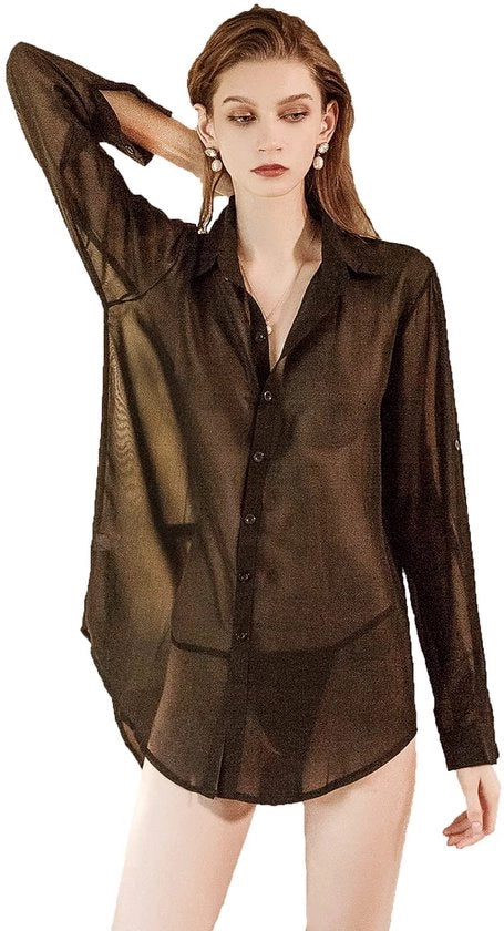 Camisetta da donna a maniche lunghe con bottoni, camicia da notte con maniche trasparenti e ampie, set lingerie da bagno (L, Nero)