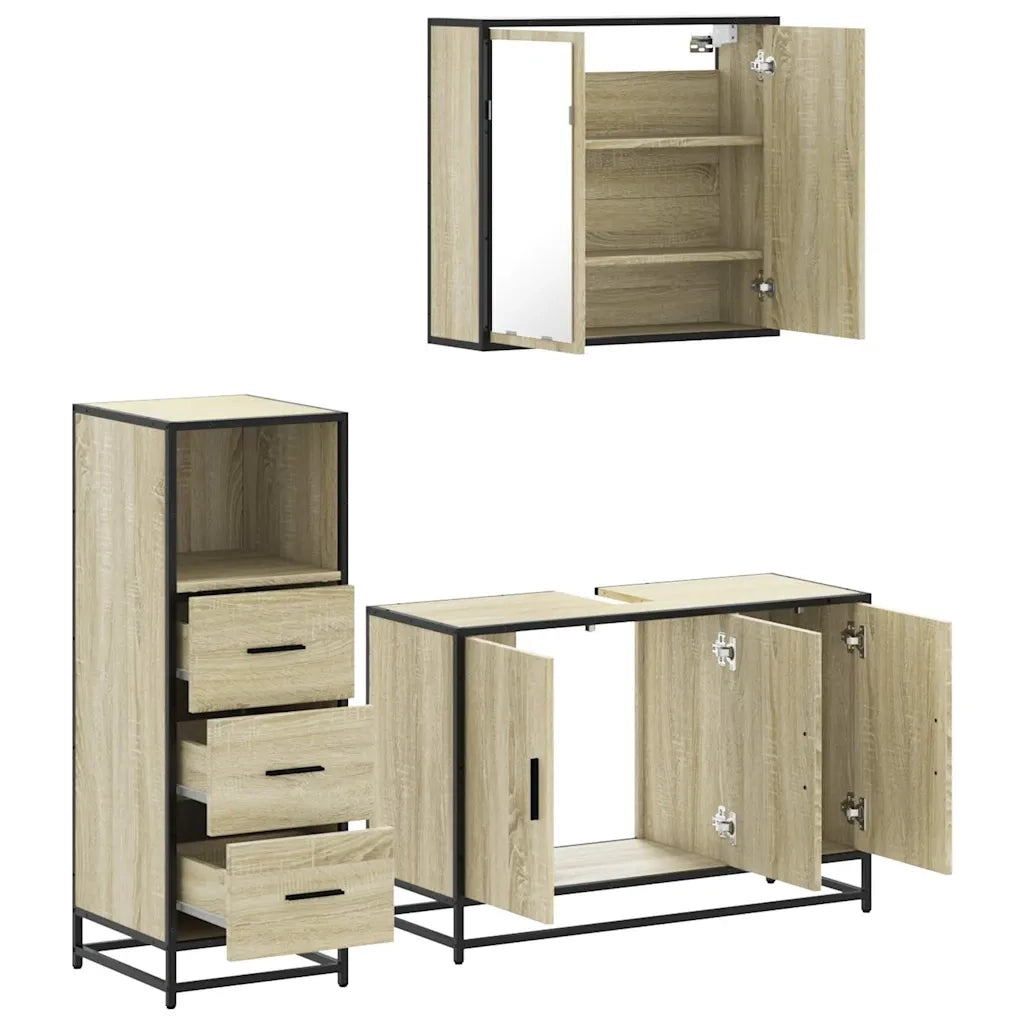 Set Mobili da Bagno 3 pz Rovere Sonoma in Legno Multistrato