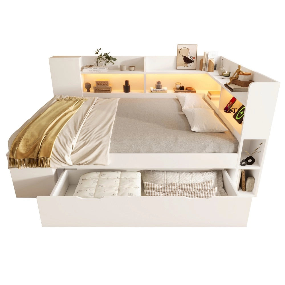 Letto Contenitore 140x200 con LED, USB, Cassetti e Rete a Doghe ¨C Xylo ¨C Bianco, con Materasso