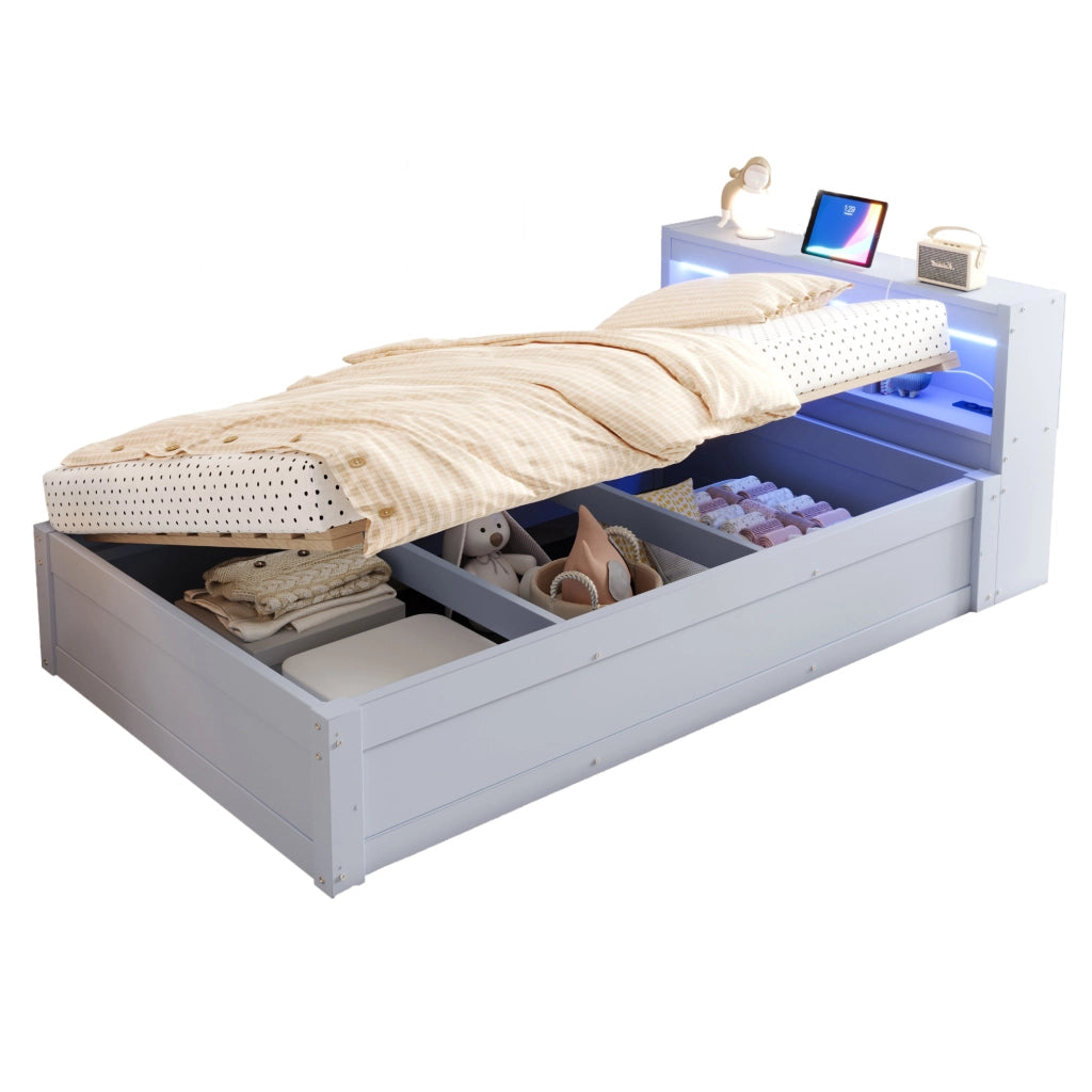 Letto singolo multifunzione 90x200 cm grigio con LED, presa e vano contenitore