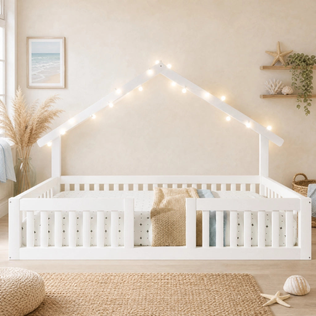 Letto a casetta per bambini con barriera di sicurezza e luci LED; 90 x 200 cm; bianco