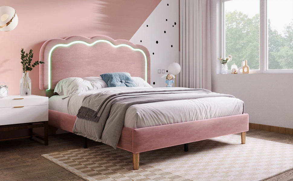 DESMIU Letto Matrimoniale Imbottito 140 × 200 cm con Testiera LED Regolabile, senza materasso, in Velluto, Rosa