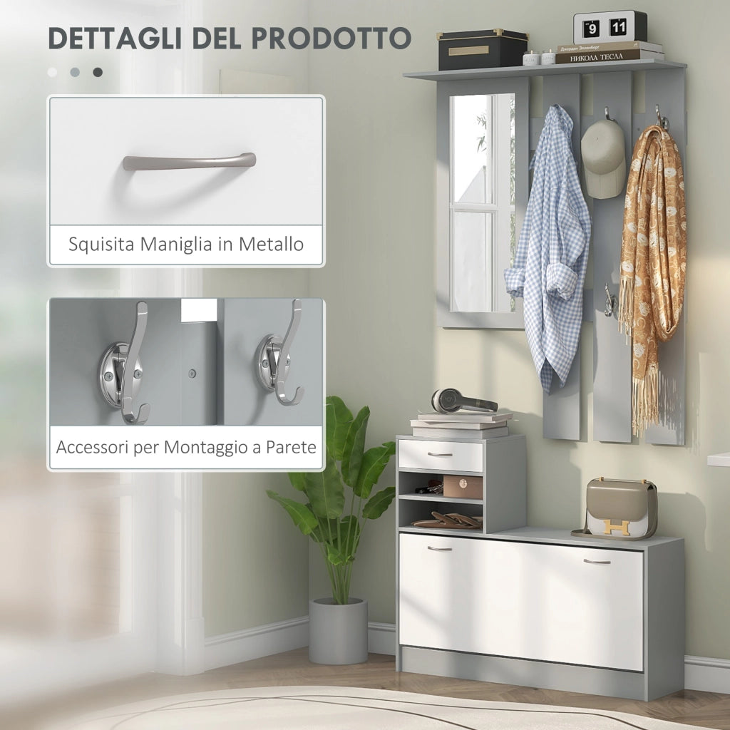 Mobile Appendiabiti 3 in 1 con Scarpiera e Specchio ¨C zephmum ¨C Legno, Bianco e Grigio, 90x10x91 cm