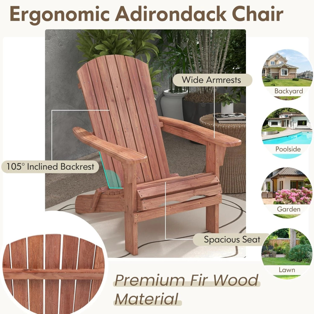 Sedia Adirondack Pieghevole, Sedia da Giardino in Legno di Abete con Schienale e Braccioli, Ergonomica, Poltrona da Esterno per Patio, Terrazza, Balcone, Veranda, Portata 180kg (Naturale*2)
