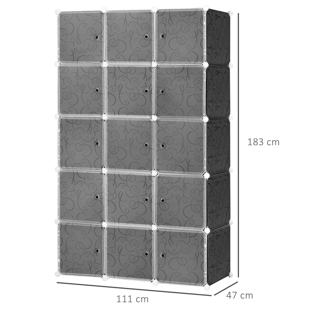 Armadio modulare con 11 cubi e 2 barre appendiabiti in plastica; nero; 111 x 47 x 183 cm
