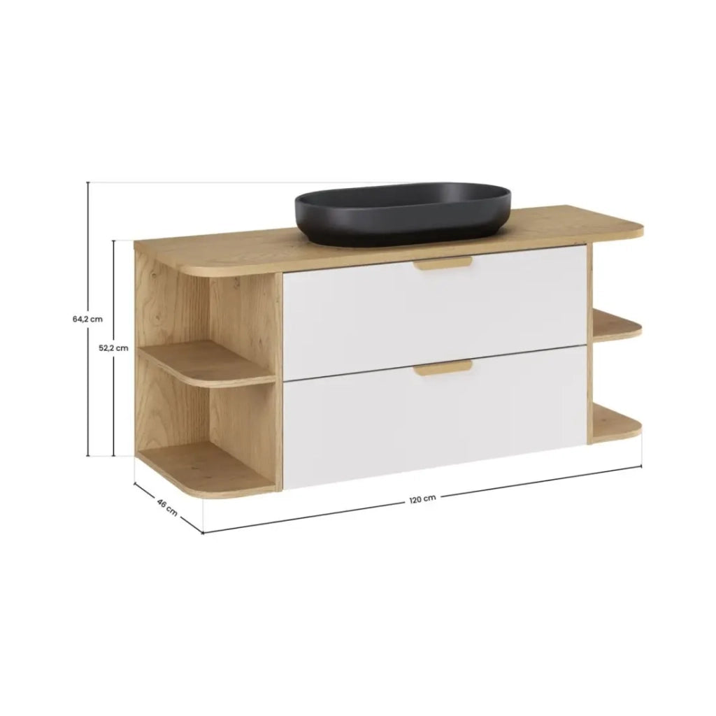 Set OSTER 120cm: mobili sottolavabo con cassetti e nicchie a vista + piano per lavabo + lavabo ovale nero da appoggio