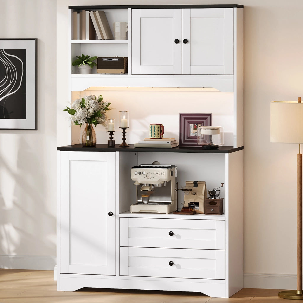 Credenza da cucina alta con LED, presa e 2 cassetti, ripiani regolabili, per cucina, bianca, 100 × 40 × 163 cm