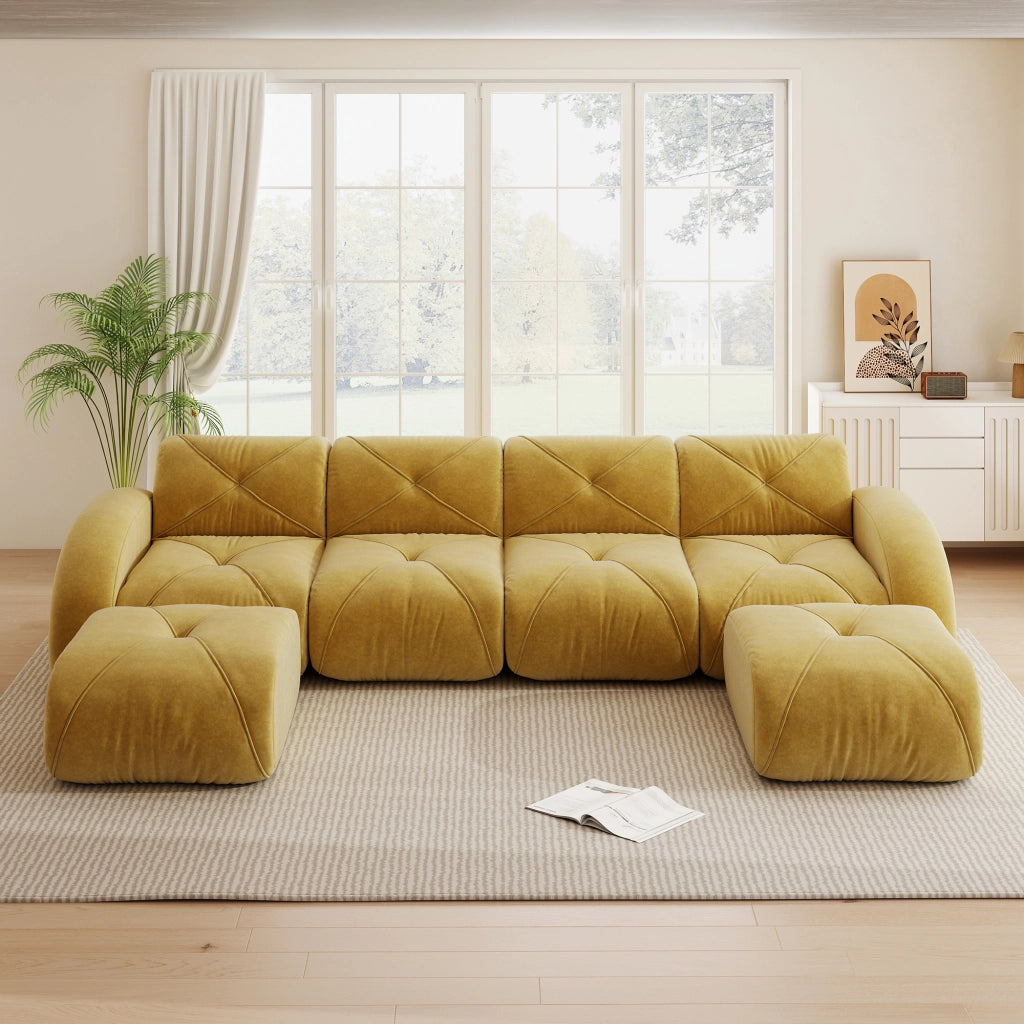 Divano modulare componibile a U 4 posti con 2 pouf in chenille senza struttura per soggiorno senza montaggio giallo