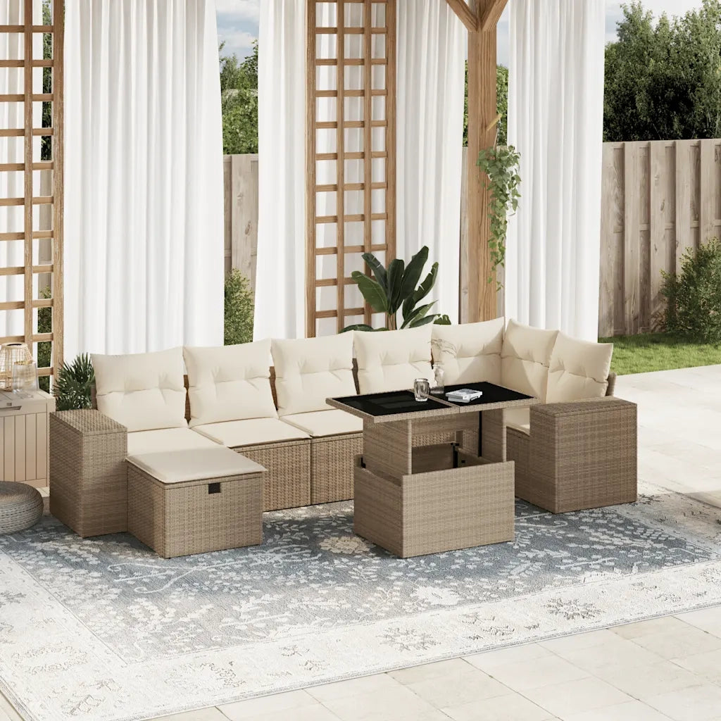 Set Divano da Giardino 8 pz con Cuscini Beige in Polyrattan