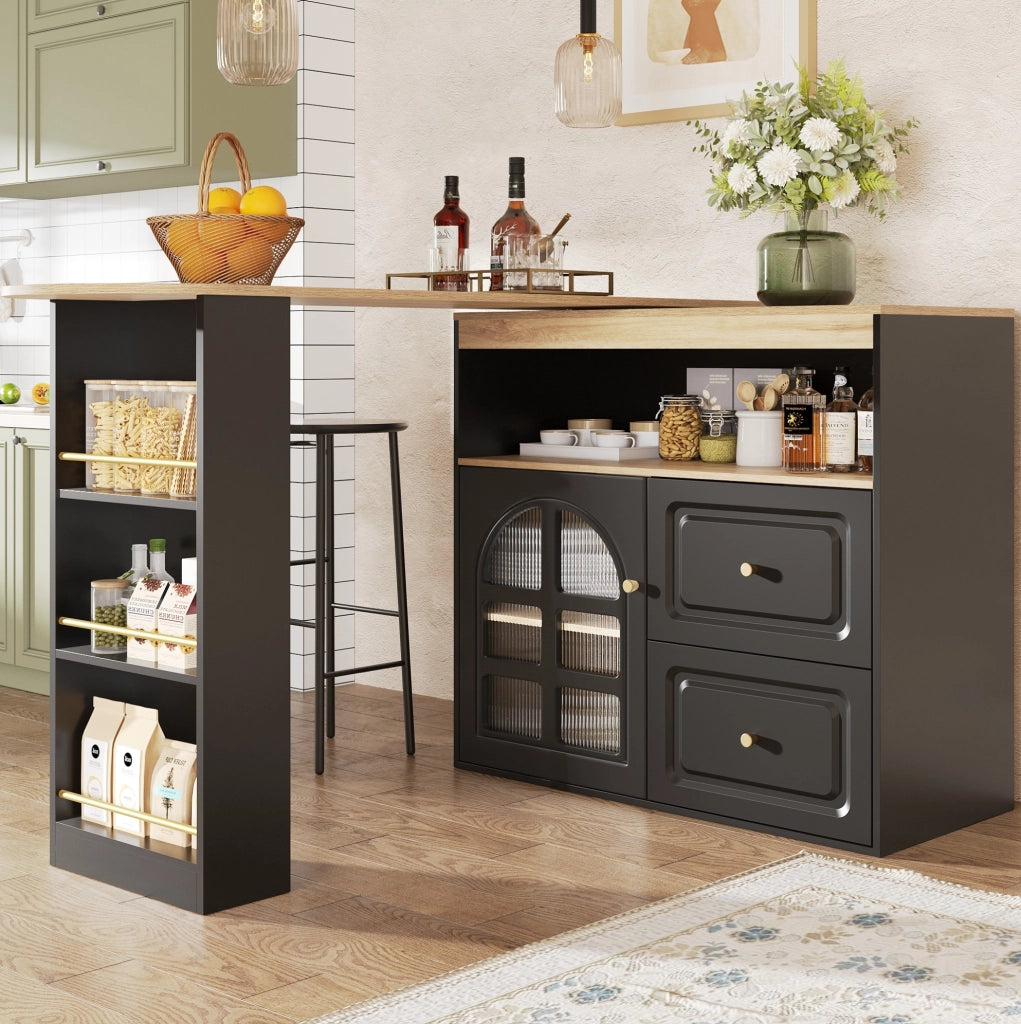 Credenza girevole 138-204 x 39 x 104 cm in MDF nero, 2 cassetti e vani
