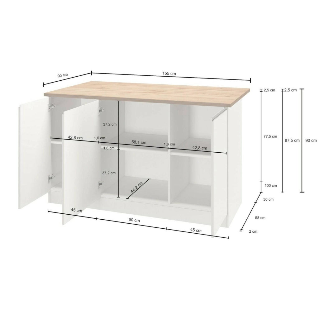 Isola da cucina Tartaro, Tavolo ausiliario portaoggetti, Mobile da cucina a 3 ante, 100% Made in Italy, 155x90h90 cm, Bianco lucido e Rovere