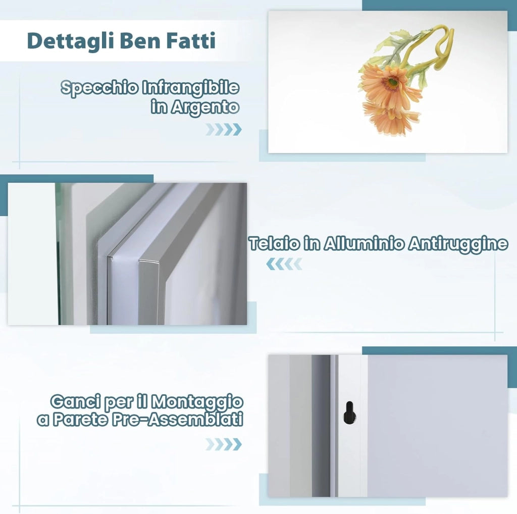 Specchio da Parete 80 x 60cm, Specchio da Bagno Rettangolare con Luce Led a 3 Colori, Interruttore Touch, Funzione Antivapore e Memoria, IP44