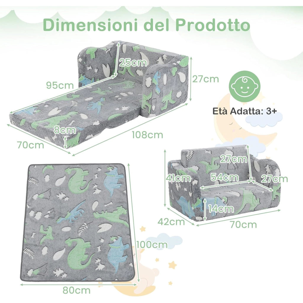Divano per bambini con coperta e funzione pieghevole 2-in-1, Poltrona recliner per bambini sopra i 3 anni che brilla al buio Grigio