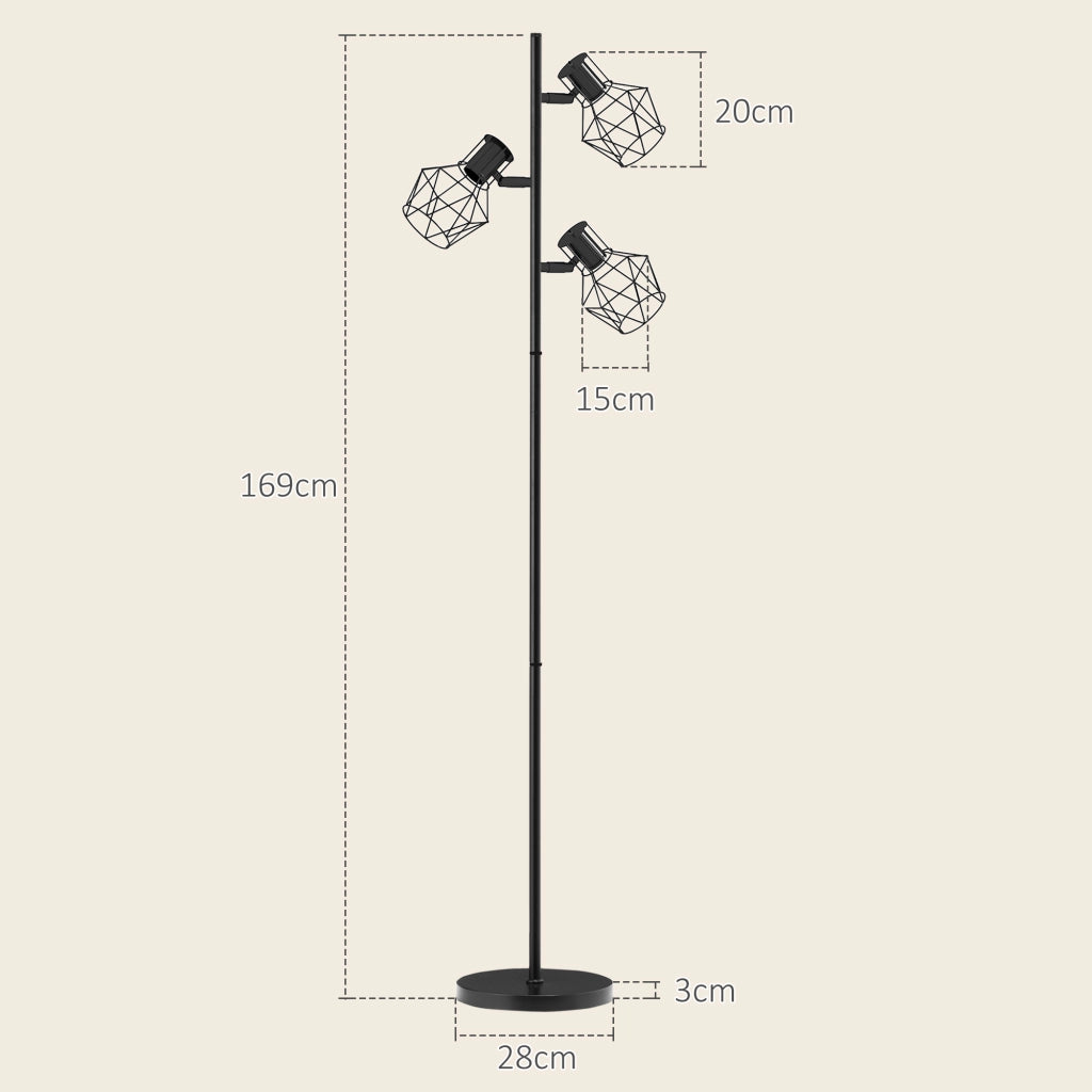 Lampada da terra moderna a 3 luci regolabili, struttura in metallo, E27, nero, H 169 cm