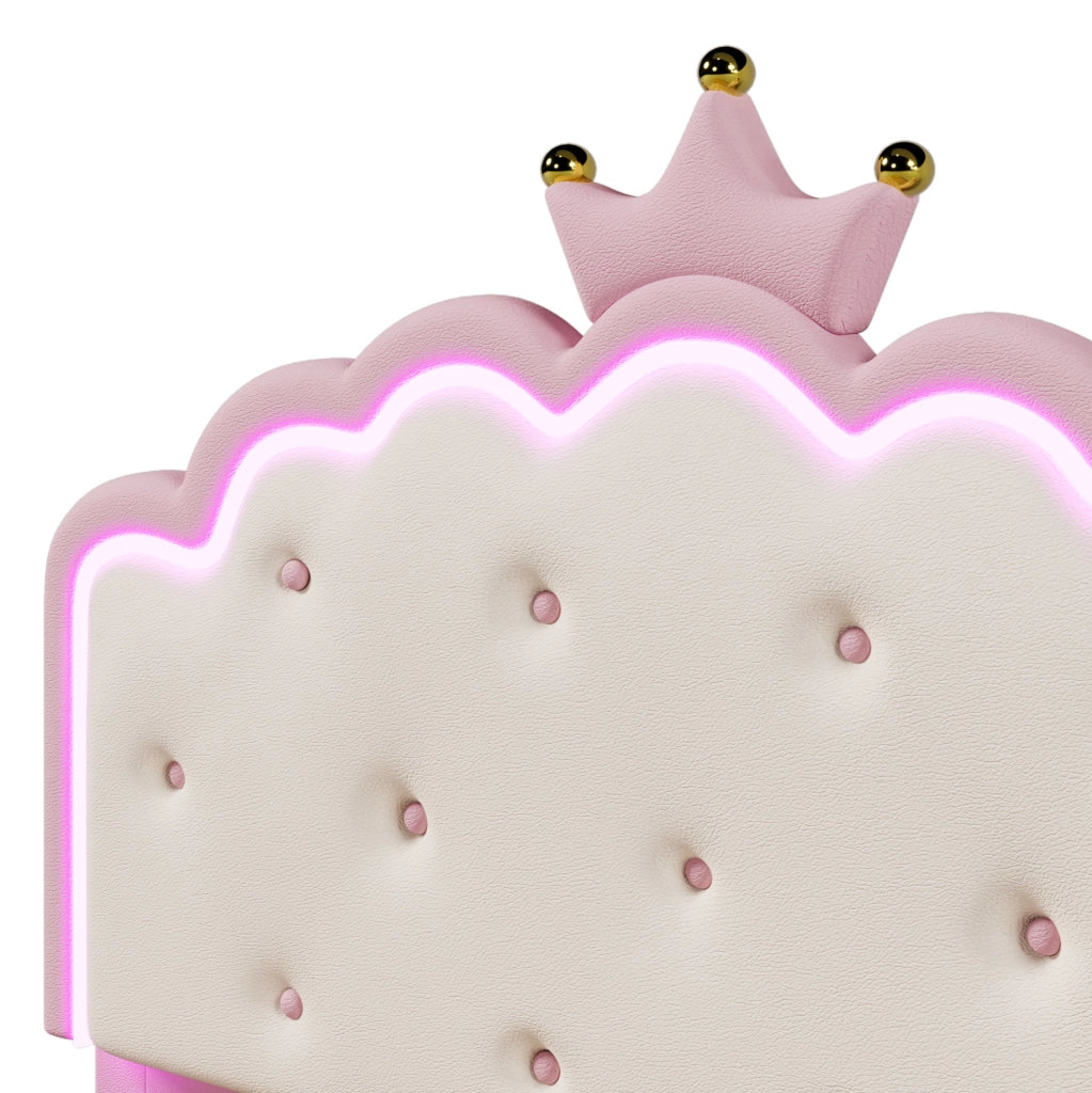 Letto imbottito 140x200 cm con luce LED e vano contenitore; PU rosa (Senza materasso)