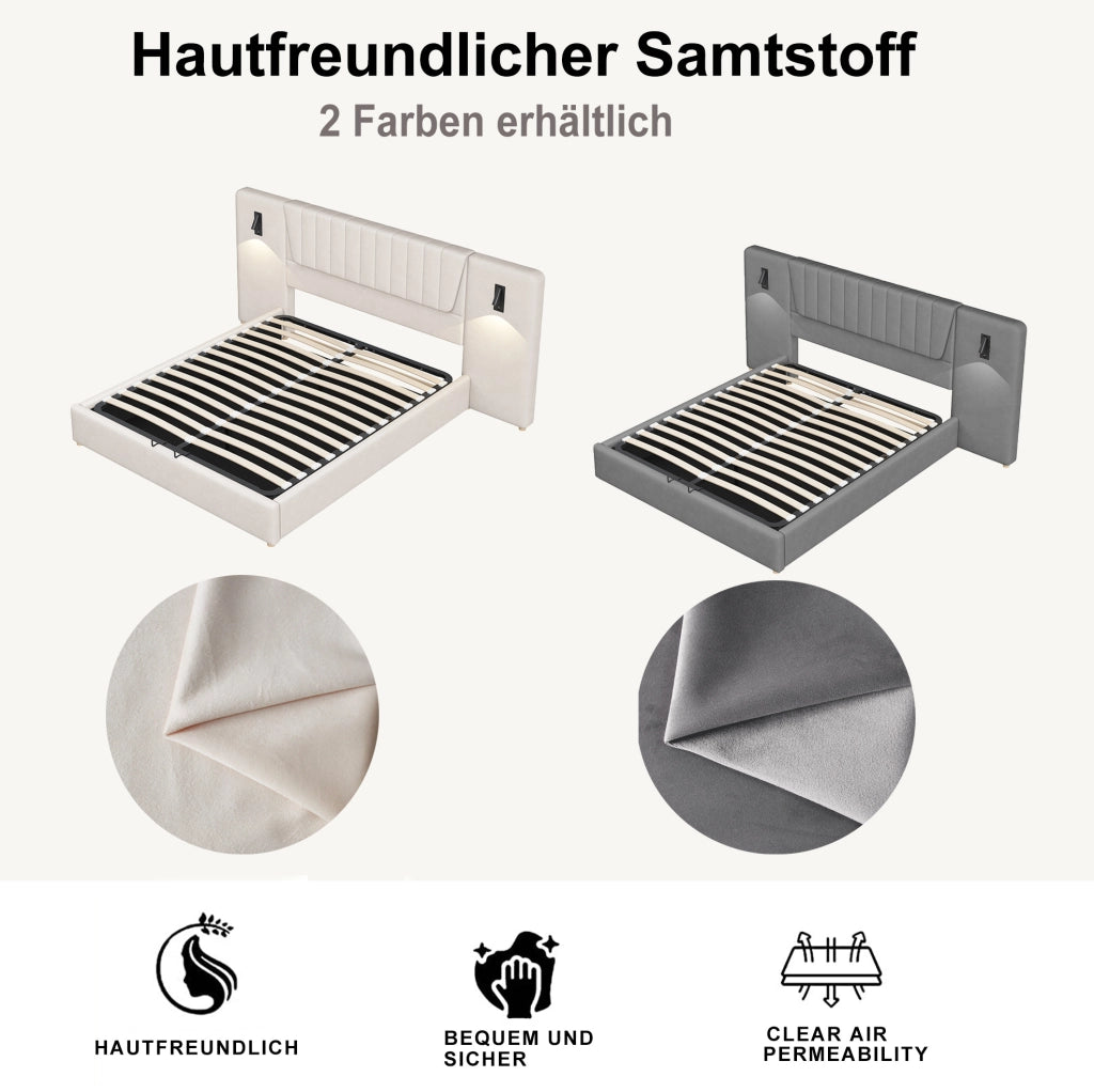 Letto matrimoniale imbottito 180x200 cm con LED USB e contenitore