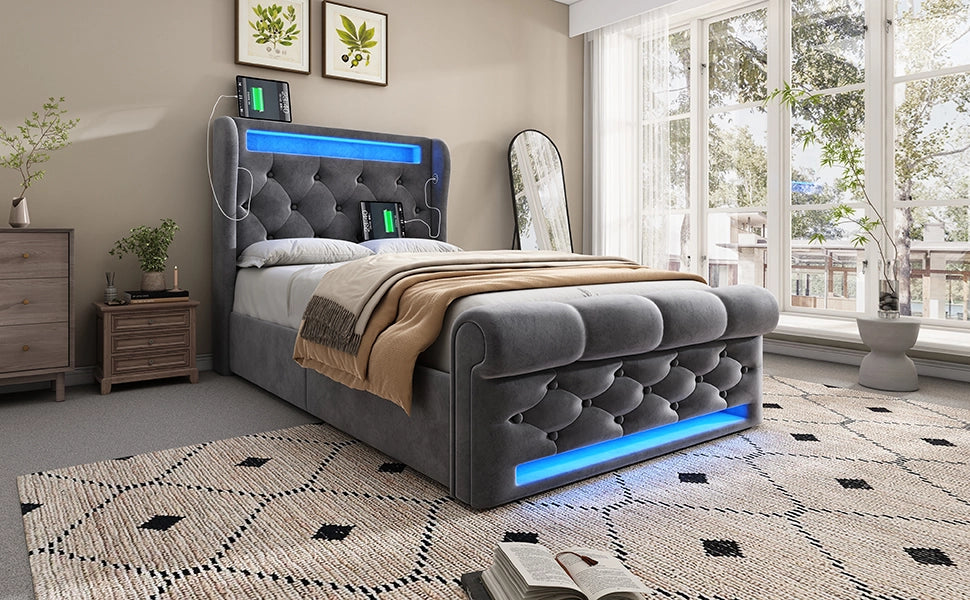 DESMIU Letto Contenitore 90 × 200 cm 1 posto con LED, USB e Tipo C, con materasso, in velluto, grigio