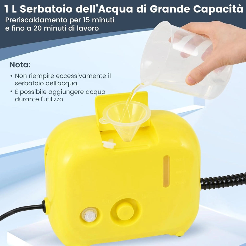 1500W Pulitore a Vapore Portatile, Vaporizzatore Domestico con Serbatoio d'Acqua 1 L (Sostenibile), Tempo Riscaldamento 10s, Macchina per Pulizia a Vapore Multiuso (Giallo)