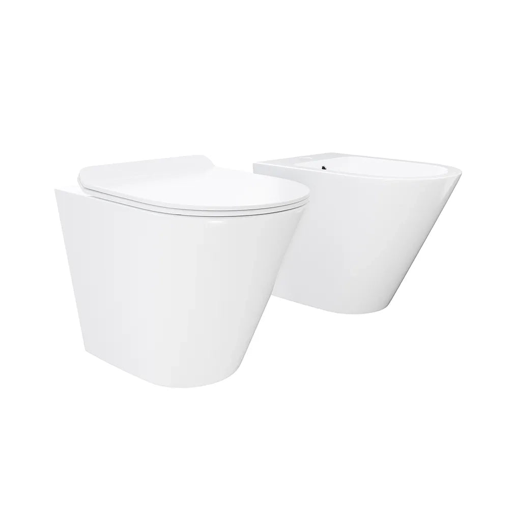 Sanitari filomuro in ceramica bianco lucido vaso tornado silent flush sedile soft-close e bidet | Rio