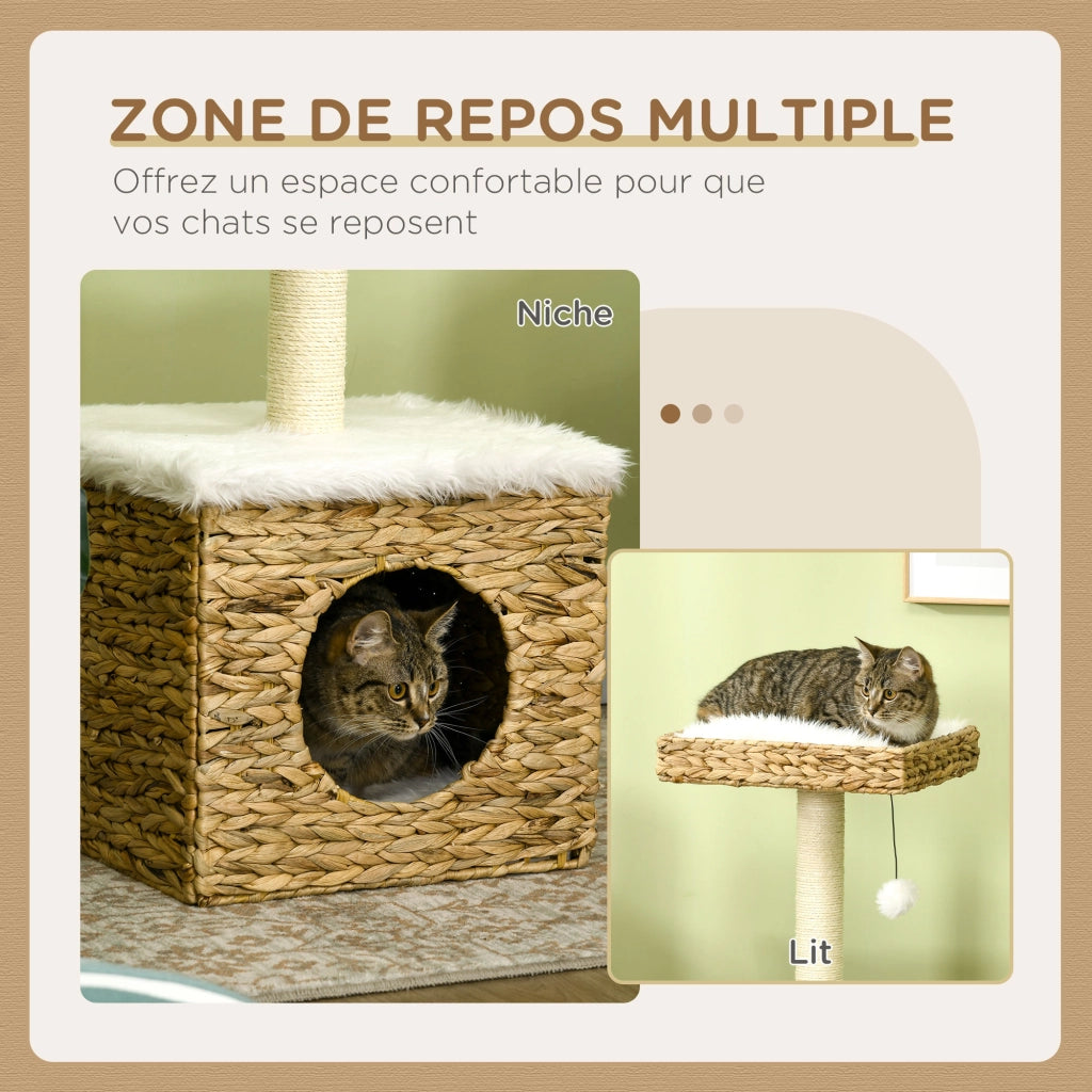 Tiragraffi per gatti 2 livelli con nicchia, palo sisal, piattaforma e pompon ¨C zephmum ¨C naturale