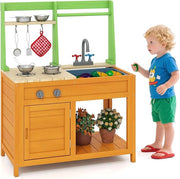 Cucina Giocattolo in Legno, Cucina da Gioco all'Aperto con Fornelli Realistici, Rubinetto, Lavandino, Forno e Accessori per Pentole, Giocattoli per Bambini dai 3+ Anni