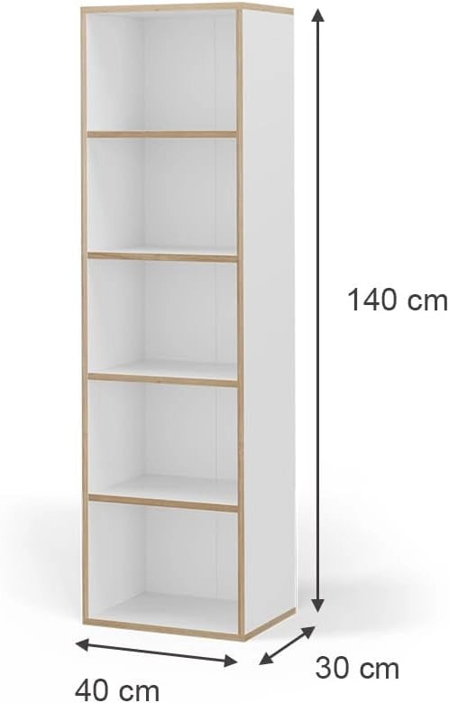 Libreria Tetrix, Bianco, 40 x 140 cm con 5 scomparti, per la conservazione di libri e decorazioni