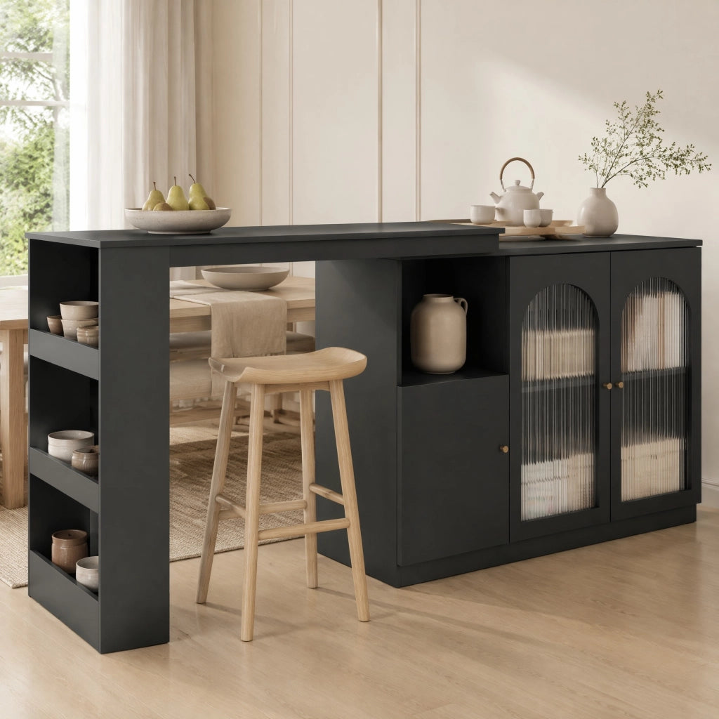 Mobile bar girevole 360° con ante in vetro, 120 x 40 x 97 cm, nero, in MDF, mobile contenitore moderno per cucina e soggiorno