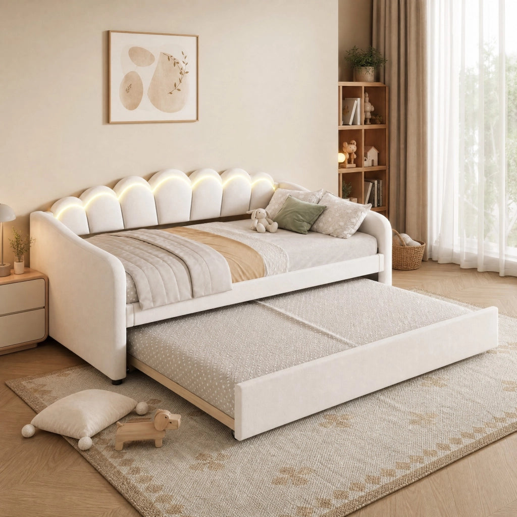 LETTO Divano letto estraibile 90x200 cm Beige in velluto e MDF