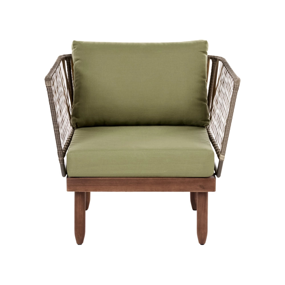 Set Lounge da Giardino 4 Posti ad Angolo Destro con Tavolino Poltrona in Finto Rattan Struttura in Legno di Acacia e Cuscini Verdi