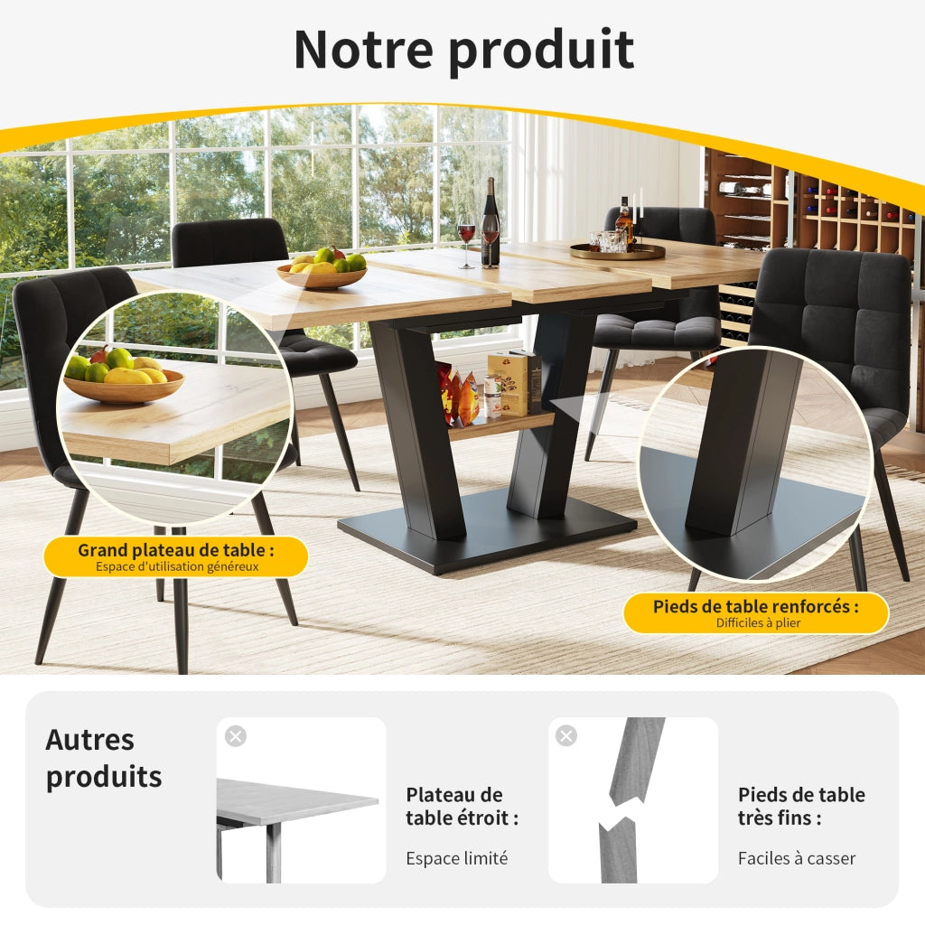 Tavolo da pranzo allungabile con 4 sedie, struttura in MDF e metallo, nero e naturale, 118 × 70 × 75 cm